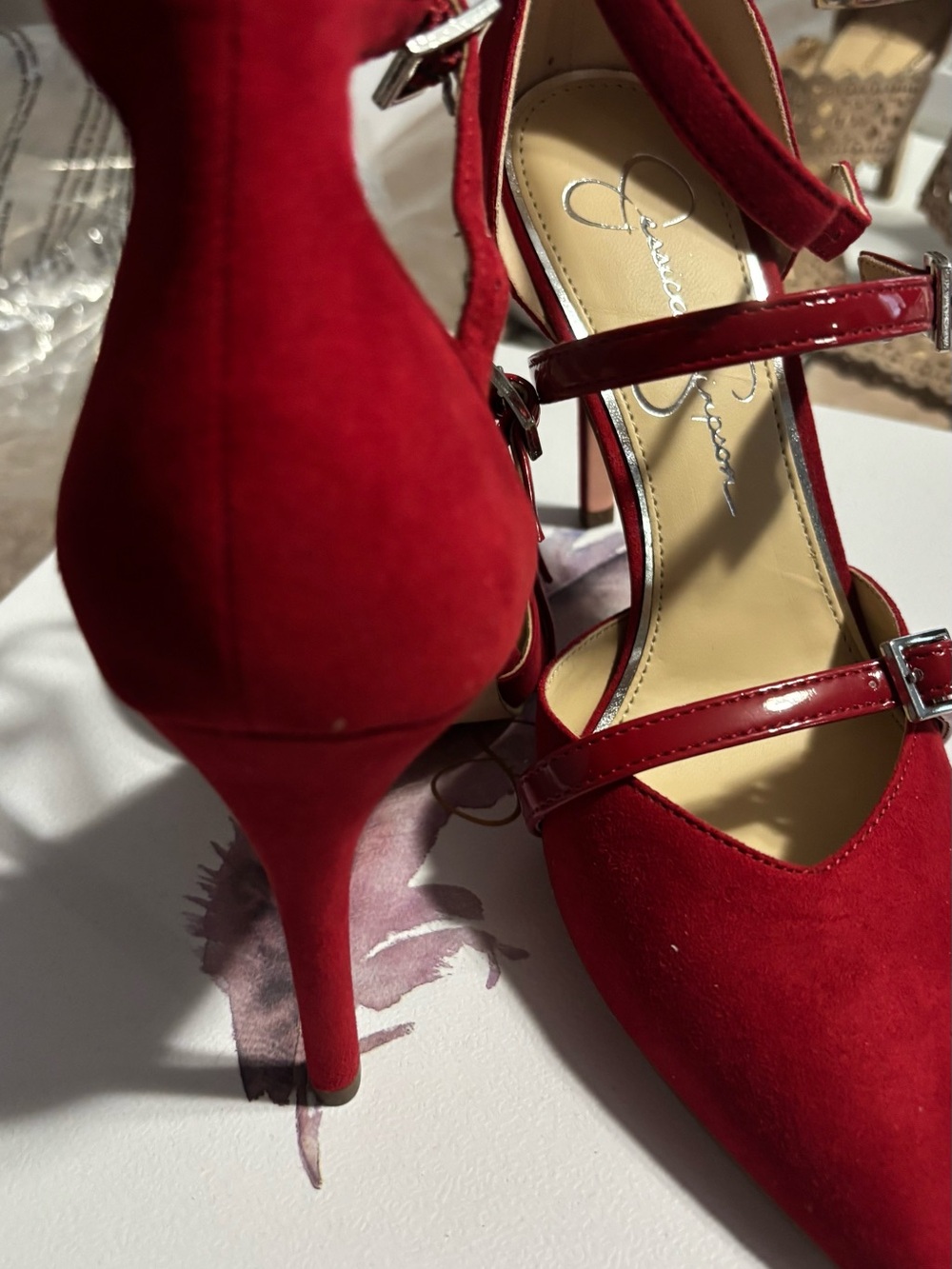 Jessica Simpson Red Suede & Patent Strappy Pointed-Toe Heels